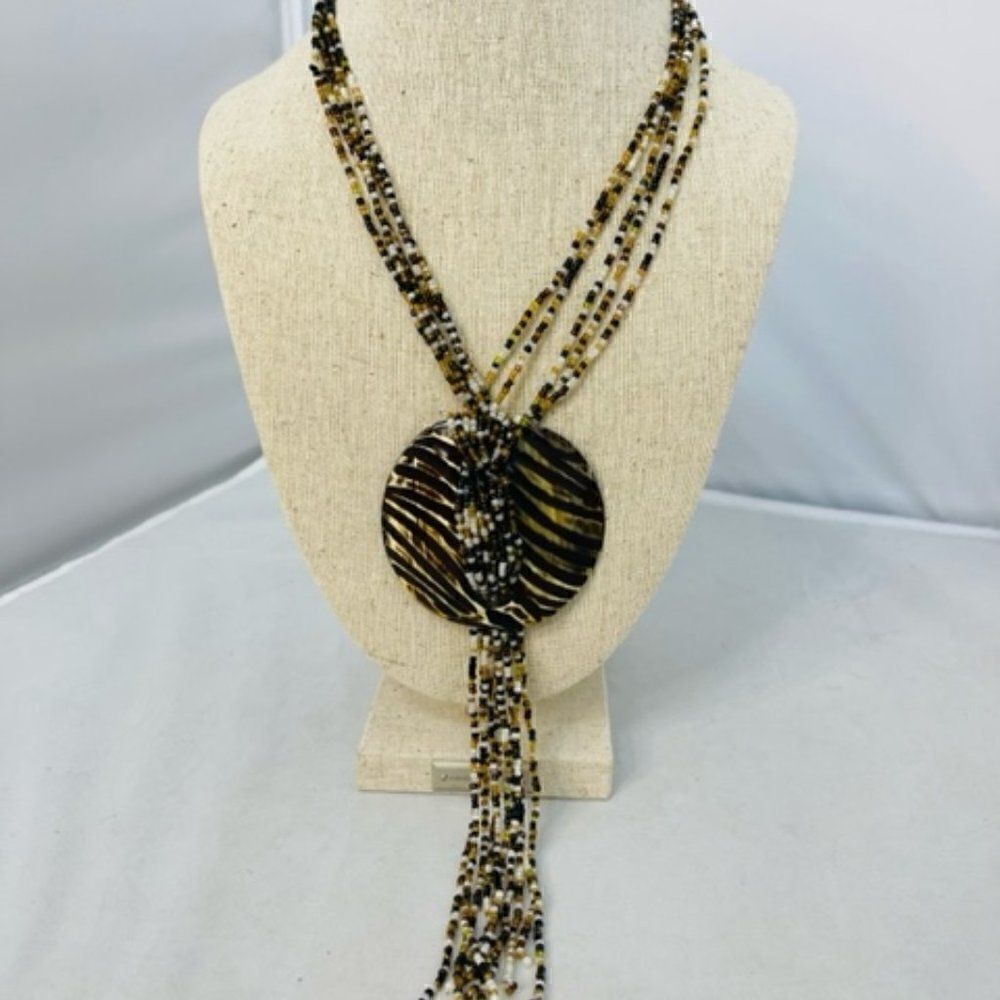 19" Multi Strand Micro Beaded Brown Black Glass Pendant Necklace  Tassel Screw